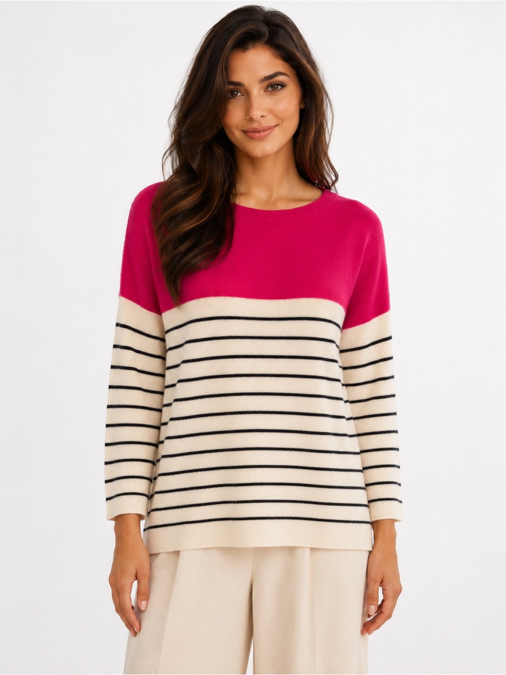 360 Cashmere M Hot Pink White Navy Blue Stripe Colorful 100% Cashmere Sweater